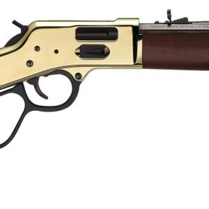 Lever-action rifle with a polished brass receiver and a rich brown wooden stock and forearm.