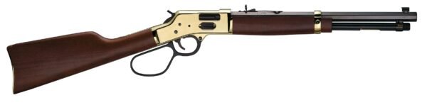 Lever-action rifle with a polished brass receiver and a rich brown wooden stock and forearm.