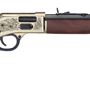 Lever-action rifle with an engraved brass receiver and rich, dark wood stock, featuring a black barrel; related to firearms and guns in casey, iowa.