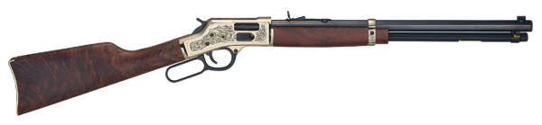 Lever-action rifle with an engraved brass receiver and rich, dark wood stock, featuring a black barrel; related to firearms and guns in casey, iowa.