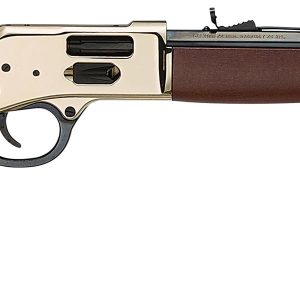 Lever-action rifle with wood stock and brass-finish receiver, showcasing polished barrel and lever, ideal for firearms enthusiasts.