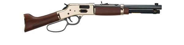 Lever-action rifle with wood stock and brass-finish receiver, showcasing polished barrel and lever, ideal for firearms enthusiasts.