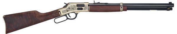 Lever-action rifle with ornate gold engraving on the receiver, dark wooden stock and forearm, polished blue barrel and components.