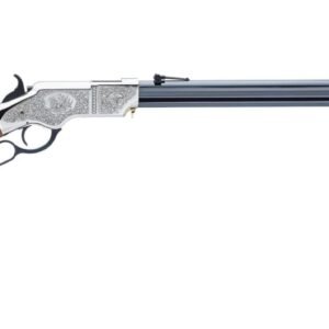 A lever-action rifle with a polished wooden stock, intricately engraved silver receiver, and a long blue steel barrel.