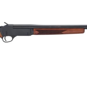 Shotgun with black barrel and action, brown wood stock and forearm, featuring a textured grip pattern.