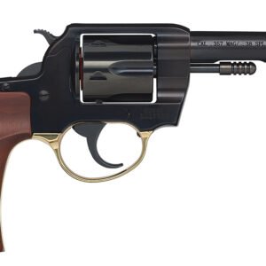 Black revolver with brown wooden grip, gold accents, and engraved details; chambered for. 357 magnum and. 38 special.