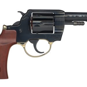 Black revolver with a wooden brown handle, gold accents, marked for. 357 magnum and. 38 special.