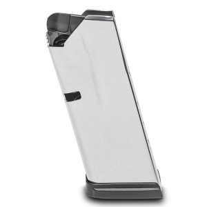 Silver firearm magazine with black base plate against a white background.