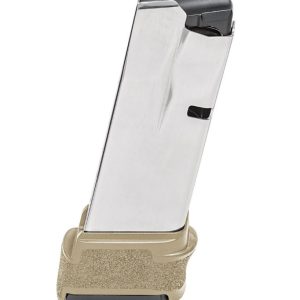 Silver gun magazine with a textured tan baseplate, angled view.