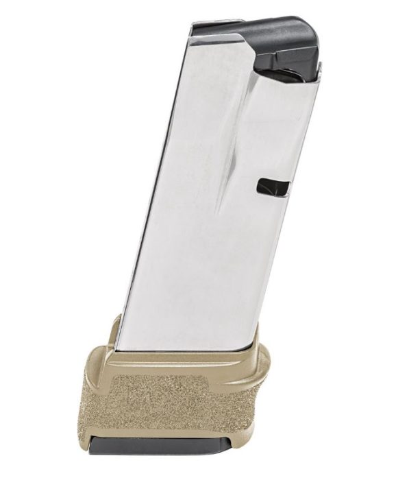 Silver gun magazine with a textured tan baseplate, angled view.