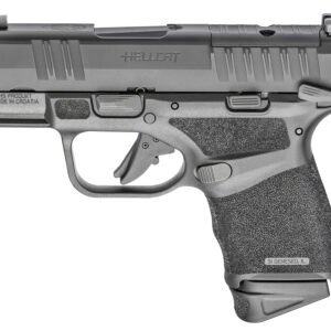 Gun with black and dark gray finish, ergonomic grip, labeled "hellcat. "