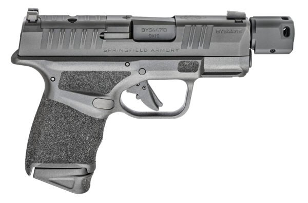 A black and gray semi-automatic pistol with textured grip and modified slide, featuring "springfield armory" branding.