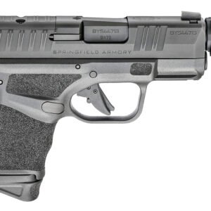 Black springfield armory handgun with textured grip, sleek slide design, and visible barrel markings.