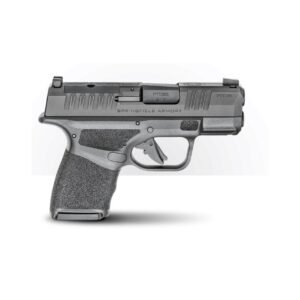 A black springfield armory handgun with a textured grip on a light grey background.