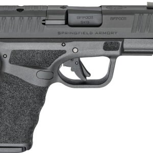 Alt text: black springfield armory handgun with textured grip and silver accents.