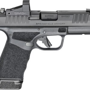 Springfield armory handgun with a black textured grip and matte black slide, 9x19 caliber markings, and an integrated smsc sight.