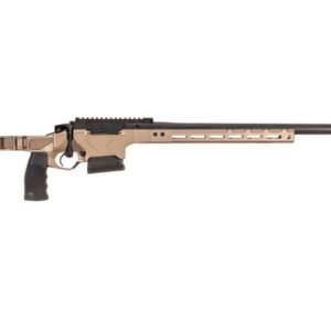 Tan tactical rifle with a black adjustable stock and barrel, featuring a precision machined chassis and ergonomic grip.