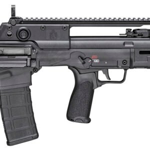 Black modern tactical rifle with a textured grip, adjustable stock, and picatinny rail, isolated on a white background.