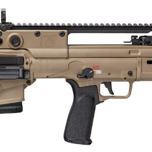 Tan bullpup firearm with black grip and rail system, black barrel, and minimalistic design, suitable for tactical use.