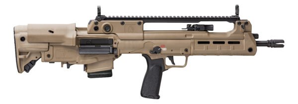 Tan bullpup firearm with black grip and rail system, black barrel, and minimalistic design, suitable for tactical use.