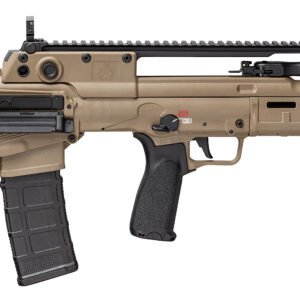 Tan bullpup rifle with a black magazine and grip, featuring a top rail for attachments; associated keywords: firearms, guns, ammo, casey iowa.