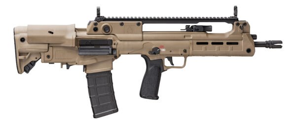 Tan bullpup rifle with a black magazine and grip, featuring a top rail for attachments; associated keywords: firearms, guns, ammo, casey iowa.