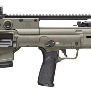 Bullpup rifle with an olive drab finish and tactical black grip, featuring a rail system and a flash suppressor.