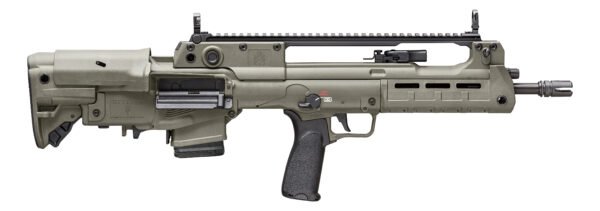 Bullpup rifle with an olive drab finish and tactical black grip, featuring a rail system and a flash suppressor.