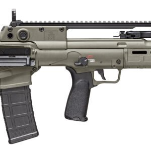 Tactical rifle with an olive drab green body, black accents, and a matte finish, featuring a modular rail system, a black pistol grip, and a large magazine.