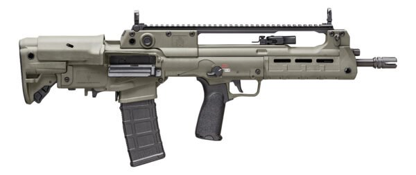 Tactical rifle with an olive drab green body, black accents, and a matte finish, featuring a modular rail system, a black pistol grip, and a large magazine.