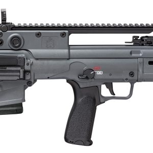 A tactical rifle with a sleek gray finish and black details, featuring a rail system on top, adjustable stock, and ergonomic grip.