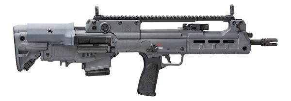A tactical rifle with a sleek gray finish and black details, featuring a rail system on top, adjustable stock, and ergonomic grip.