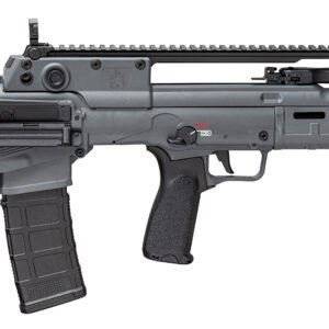 Gray and black firearm with a modern design, featuring a textured black grip, detachable magazine, and rail system for accessories, against a white background.