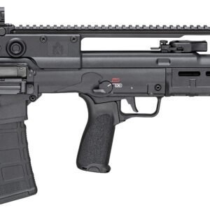 A black semi-automatic rifle with a tactical design, featuring a textured grip, adjustable stock, and rail system for mounting accessories.