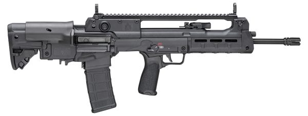 A black semi-automatic rifle with a tactical design, featuring a textured grip, adjustable stock, and rail system for mounting accessories.