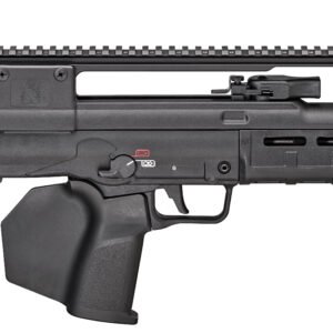 A black tactical rifle with a sleek, modern design and adjustable stock, featuring a rail system on top and a secure grip.