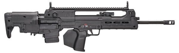 A black tactical rifle with a sleek, modern design and adjustable stock, featuring a rail system on top and a secure grip.