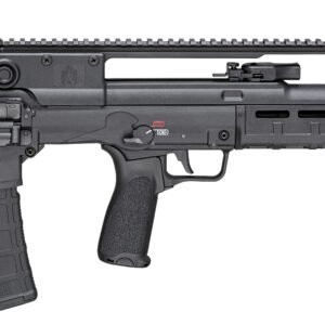 Black tactical rifle with a rail system and ergonomic grip.