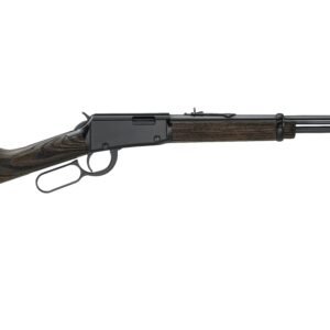 A lever-action rifle with a dark wood stock and a black metal barrel, featuring a traditional design.