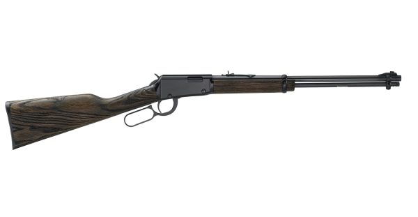 A lever-action rifle with a dark wood stock and a black metal barrel, featuring a traditional design.