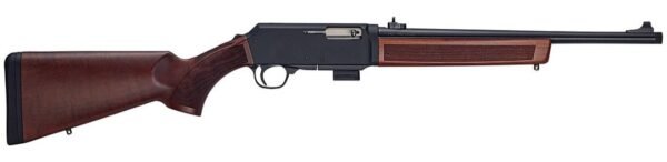 A black and brown hunting rifle with a wooden stock and forend.