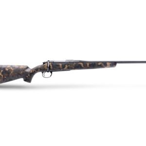 Black and tan camo bolt-action rifle on a white background.