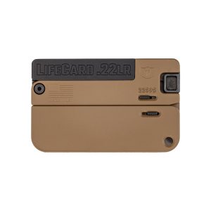Compact LifeCard .22LR firearm, tan and black color, with engraved text and American flag emblem, suitable for carry; related to firearms and ammo in Casey, Iowa.