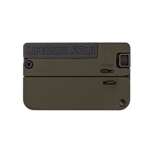 Olive green and black LifeCard .22LR foldable firearm with embossed text and American flag, compact design, suitable for transport or storage in Iowa, Casey Iowa.