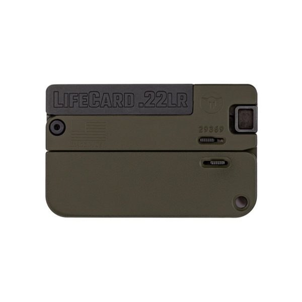 Olive green and black lifecard. 22lr foldable firearm with embossed text and american flag, compact design, suitable for transport or storage in iowa, casey iowa.