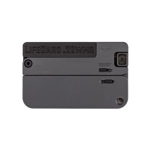 A black LifeCard .22 WMR firearm with engraved American flag and serial number.