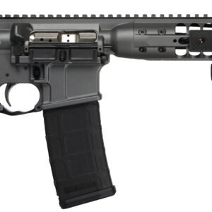 A black and gray rifle with a modular handguard, adjustable stock, and a magazine.