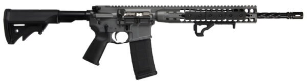 A black and gray rifle with a modular handguard, adjustable stock, and a magazine.