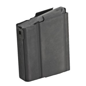 Black firearm magazine with a matte finish, featuring a rectangular shape and ridged surface, suitable for ammunition storage.