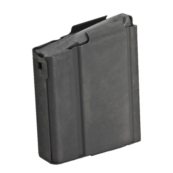 Black firearm magazine with a matte finish, featuring a rectangular shape and ridged surface, suitable for ammunition storage.
